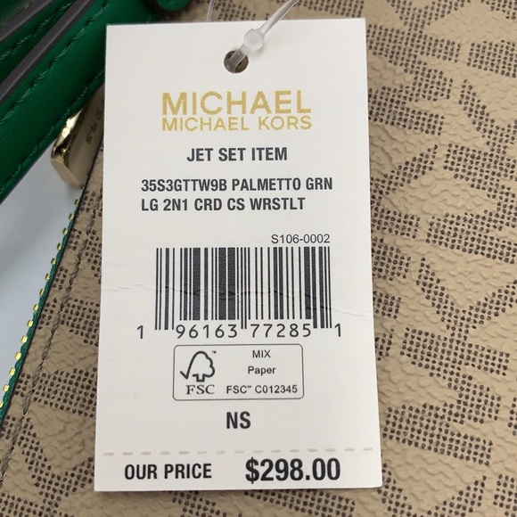 Michael Kors Jet Set LG 2 in 1 card case wristlet Wallet PALMETTO GREEN SIGNATUR - Picture 16 of 16